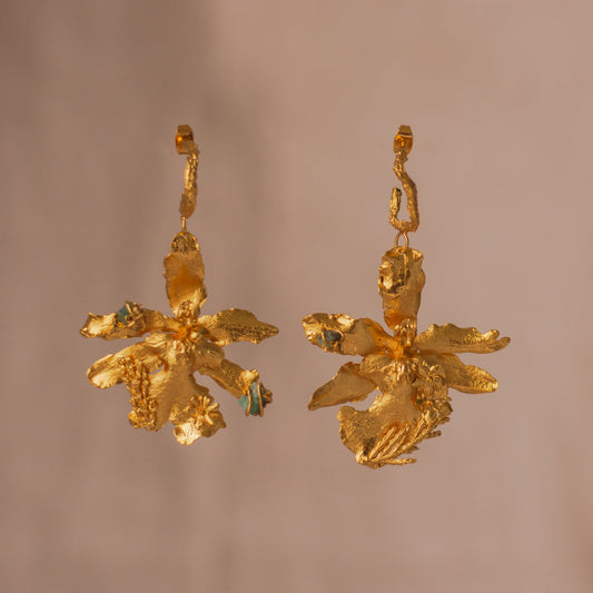 Odontoglossum Orchid & Pine Hoop Earrings, adorned with preserved flowers and emerald accents.