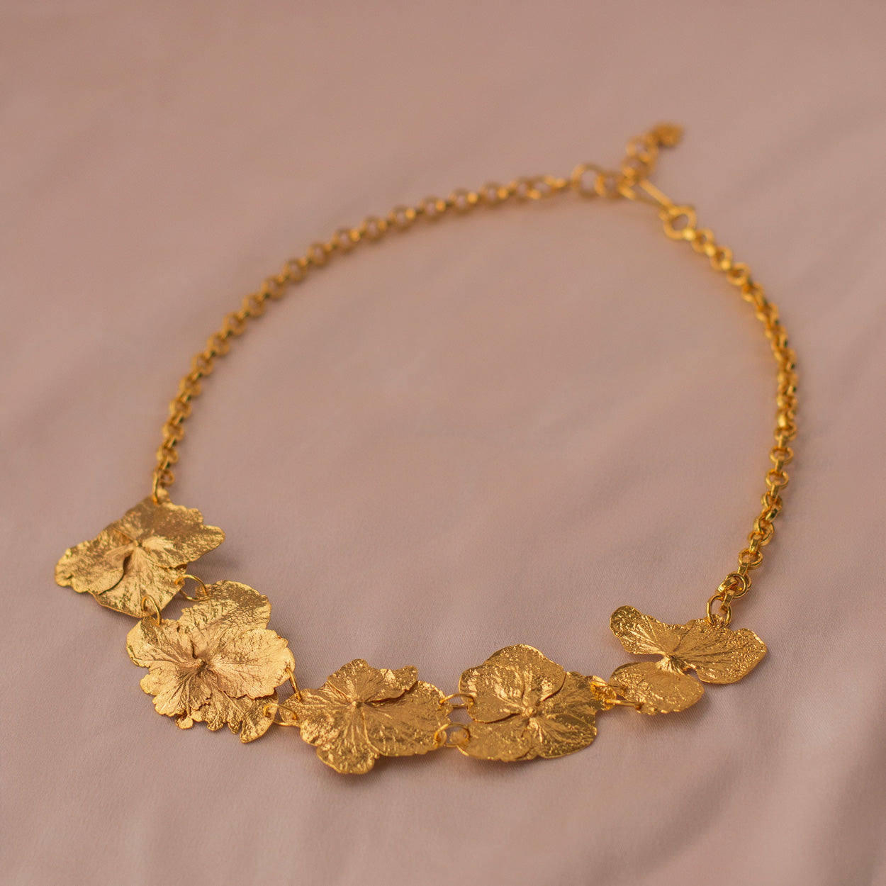 Close-up of Large Hydrangea Necklace, showcasing the intricate design of the hydrangea flowers in bronze and gold.