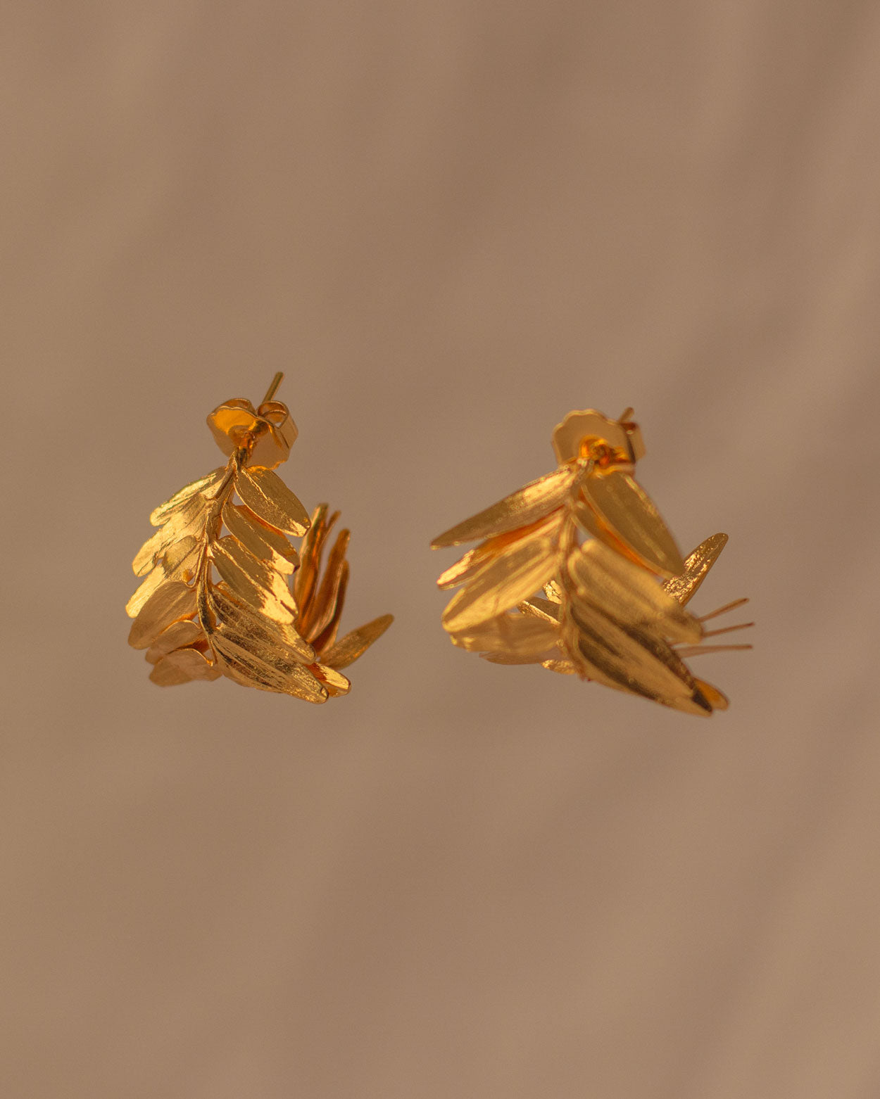 Close-up of Romeron Fern Hoop Earrings, featuring preserved fern leaves plated in 24k gold.