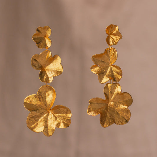 Long Three Ivy Leaf Earrings in bronze with 24k gold plating, showcasing preserved ivy leaves in a cascading design.
