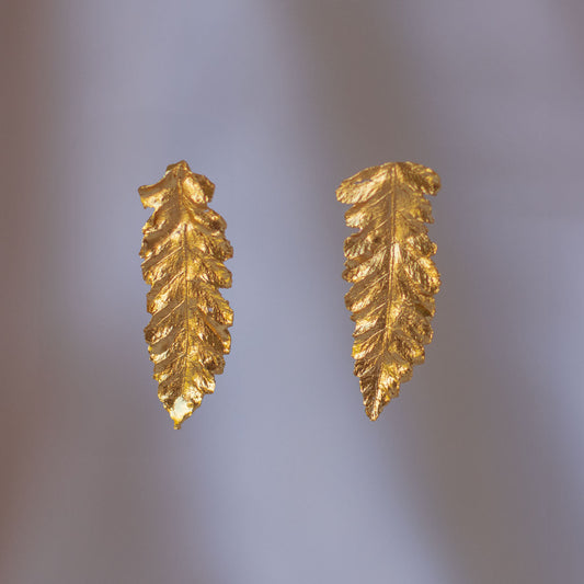 Cinnamon fern stud earrings, crafted from real fern leaves, plated in 24k gold.