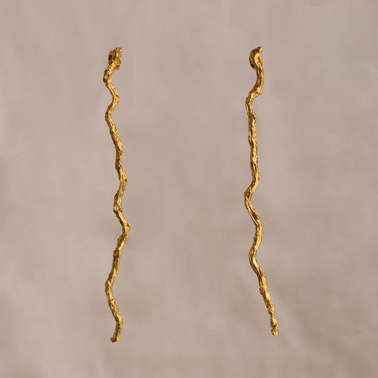 Large Coconut Palm Twig Earrings in 24k gold, showcasing natural elegance.