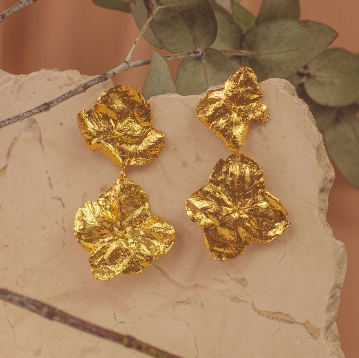Two Hydrangea Flower Earrings, handcrafted with real flowers and 24k gold plating.
