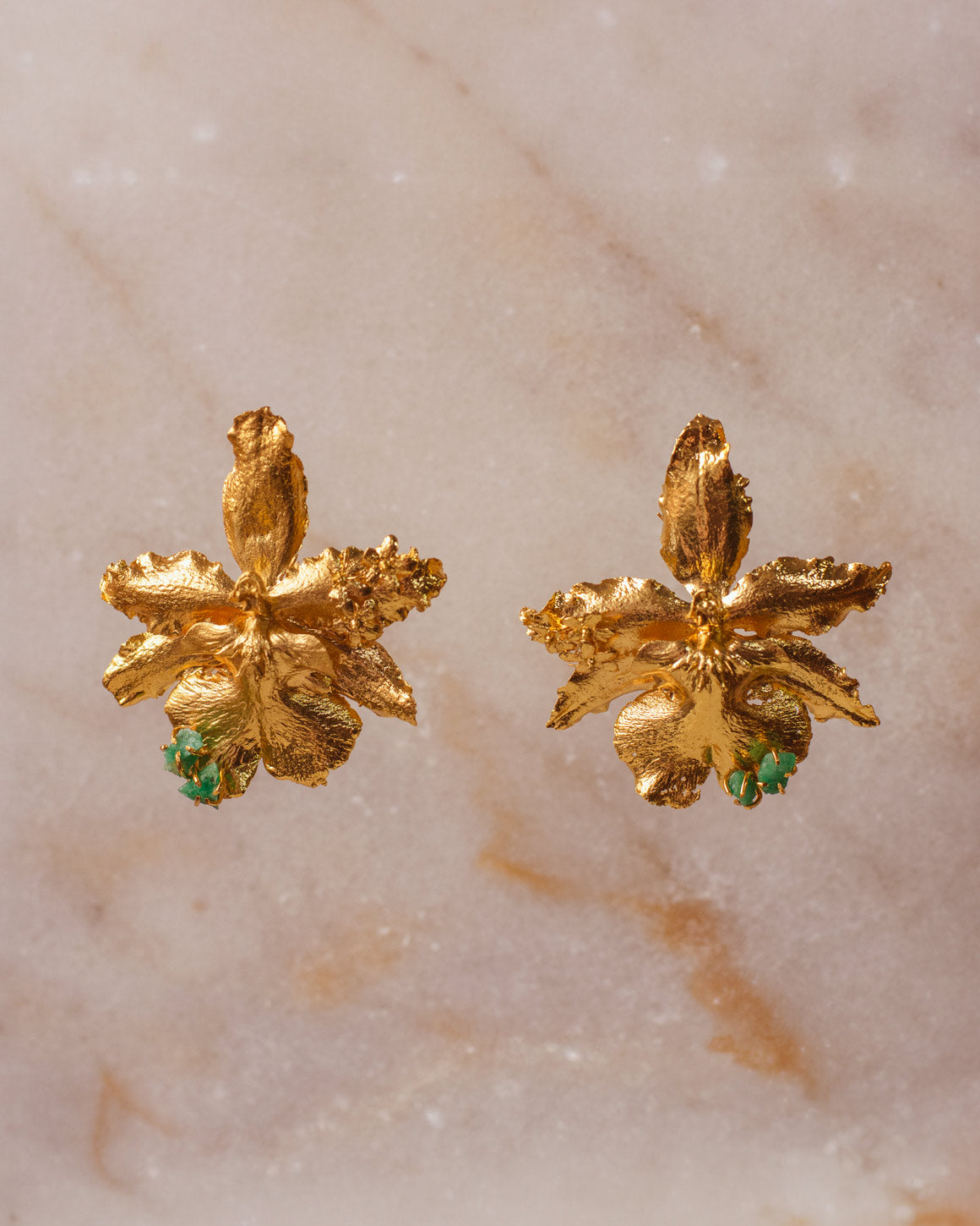 Exquisite Odontoglossum Orchid Emerald Elderberry Earrings in 24k Gold Plating, a reflection of nature's eternal beauty and harmony