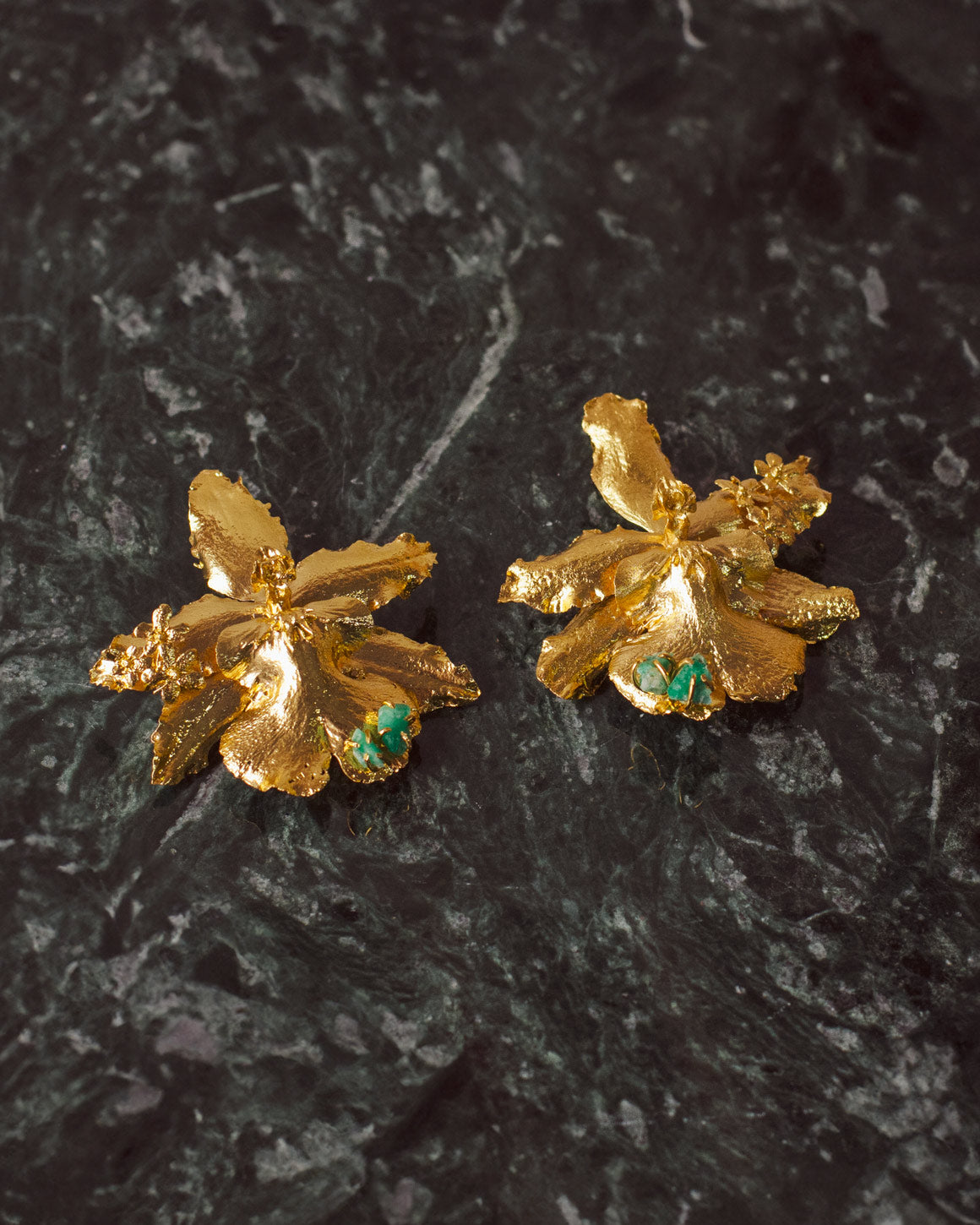 Exquisite Odontoglossum Orchid Emerald Elderberry Earrings in 24k Gold Plating, a reflection of nature's eternal beauty and harmony
