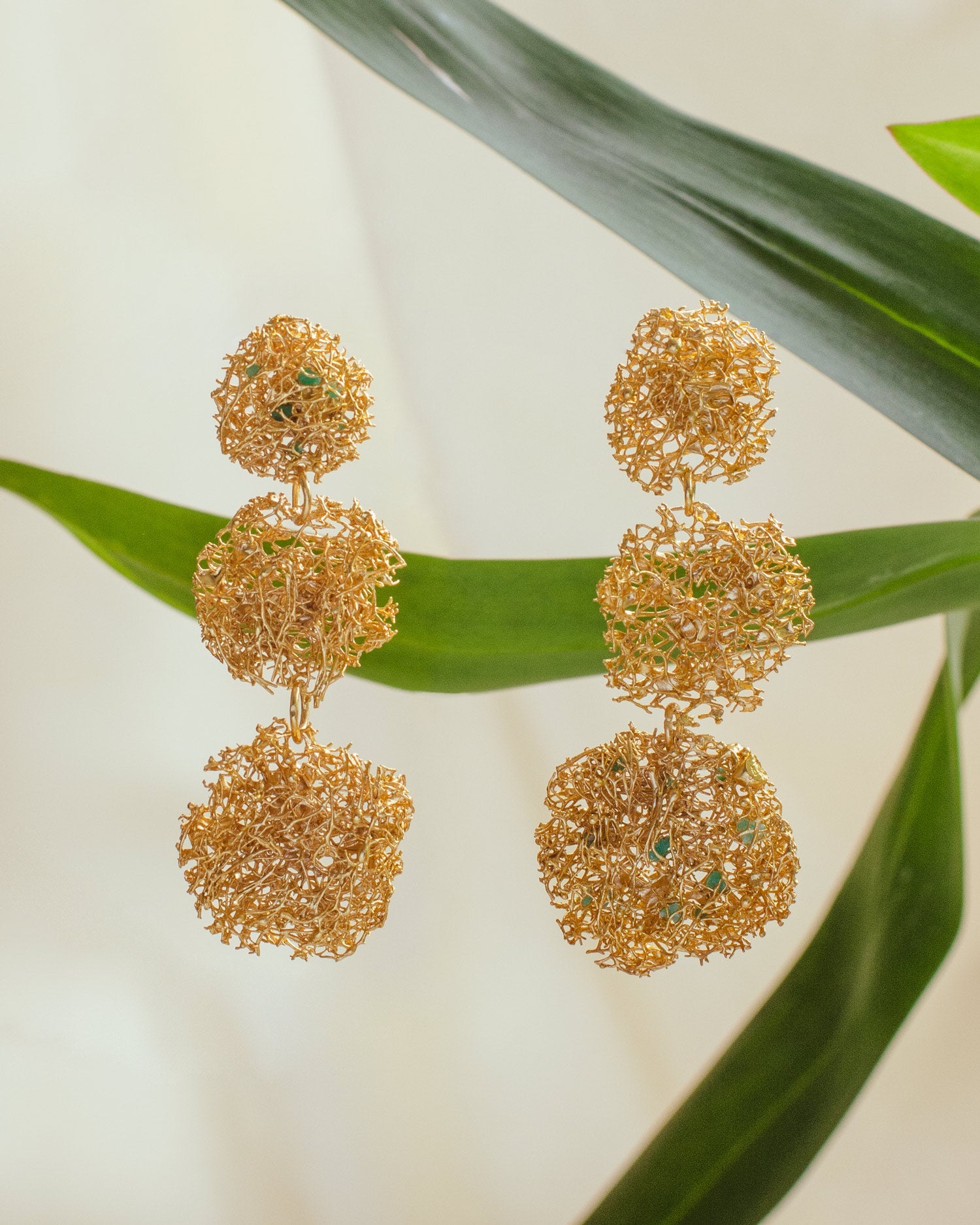 Elegant Three Luffa & Emerald Large Earrings in 24K gold plating, featuring raw Colombian emerald chips for a unique statement of beauty and sustainability