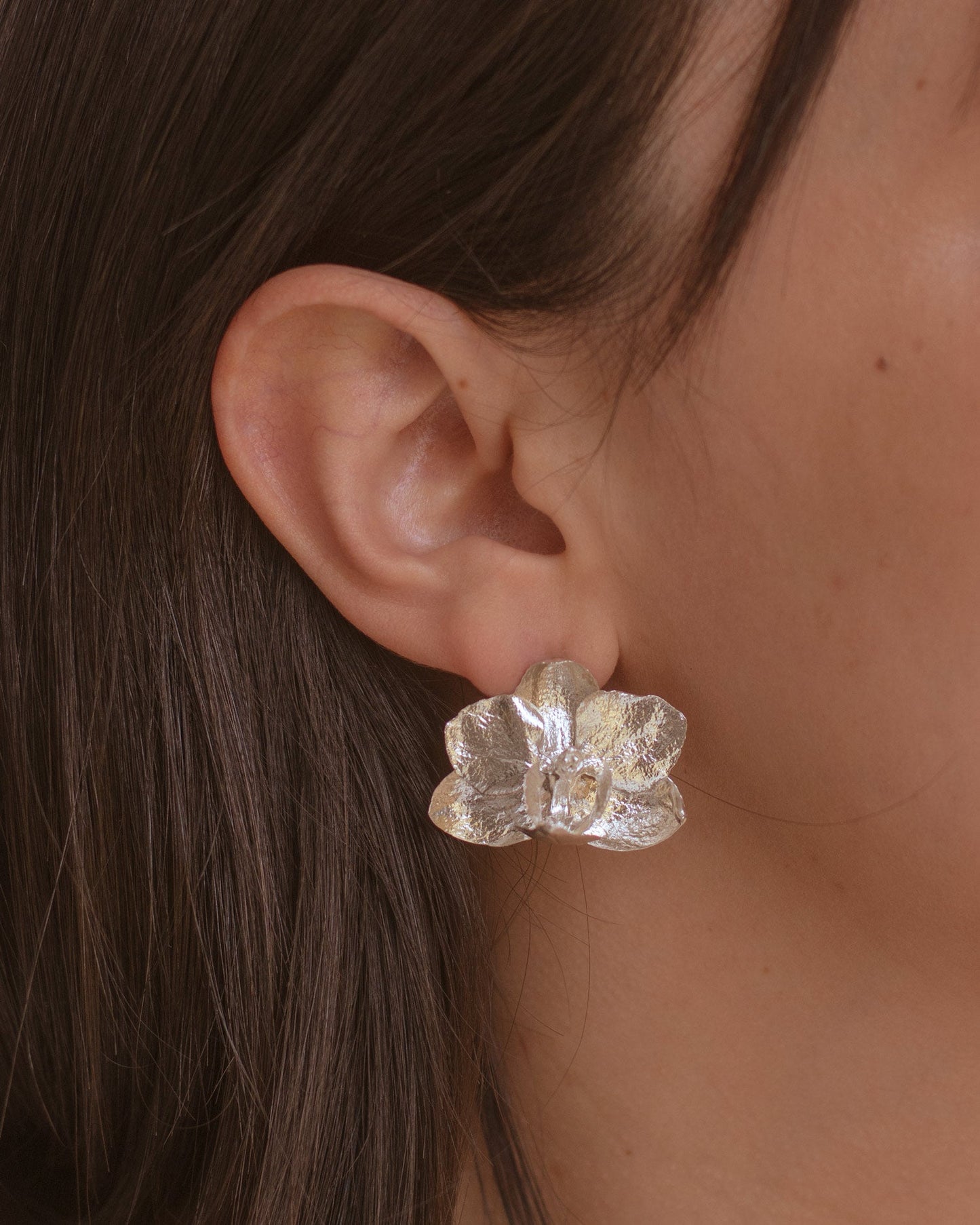 Keiki Phalaenopsis Orchid Stud Earrings in Eco-Friendly 925 Silver, showcasing the unique beauty of nature responsibly.