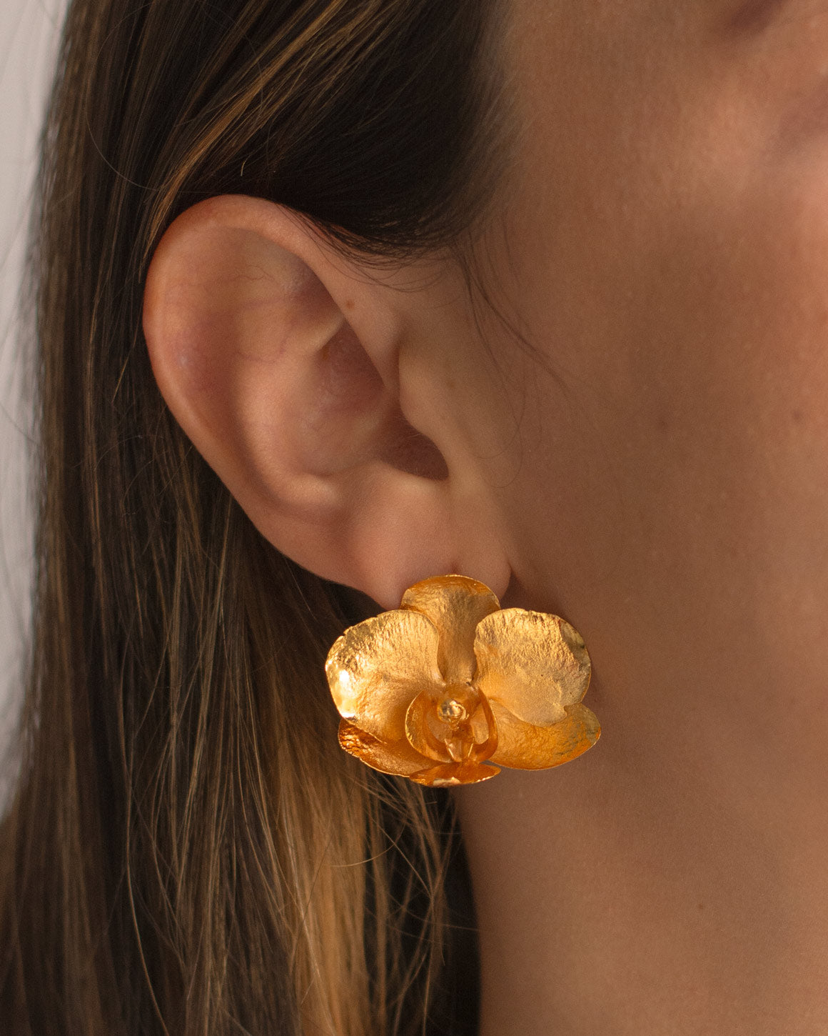 Elegant Phalaenopsis Baby Orchid Stud Earrings in 24K Gold Plating, embodying nature's timeless beauty