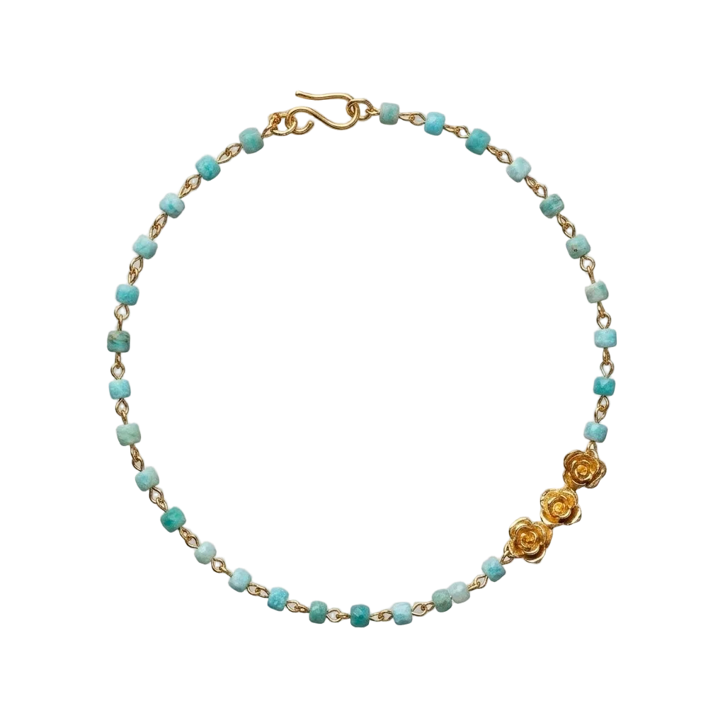 Collar cuarzos amazonita con suculentas inmortalizadas en oro 24k, joyería botánica hecha a mano en Colombia
