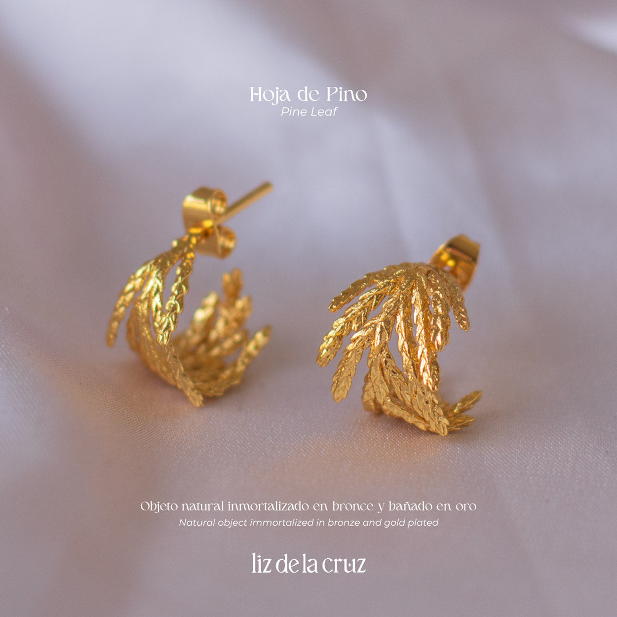 Unique Dainty Pine Leaf Hoop Earrings, bronze with 24k gold plating, showcasing delicate pine leaf craftsmanship