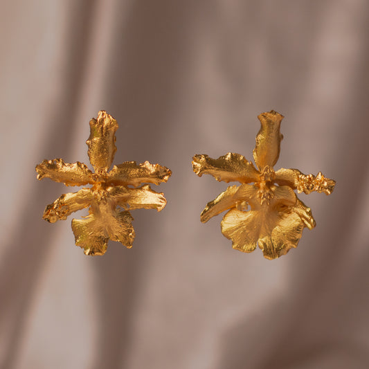 Elegant Odontoglossum Orchid Elderflower Earrings in 24K gold plating, capturing the essence of nature in a luxurious design