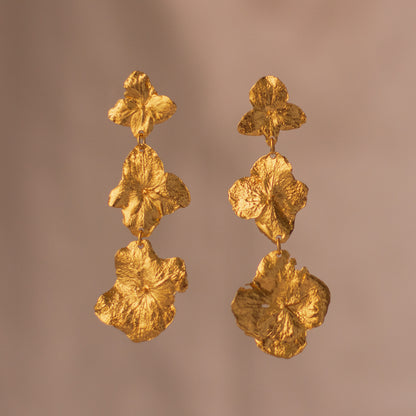 Three Hydrangea Flower Earrings, handcrafted in bronze with 24k gold plating, featuring delicate hydrangea petals for a natural and elegant look.