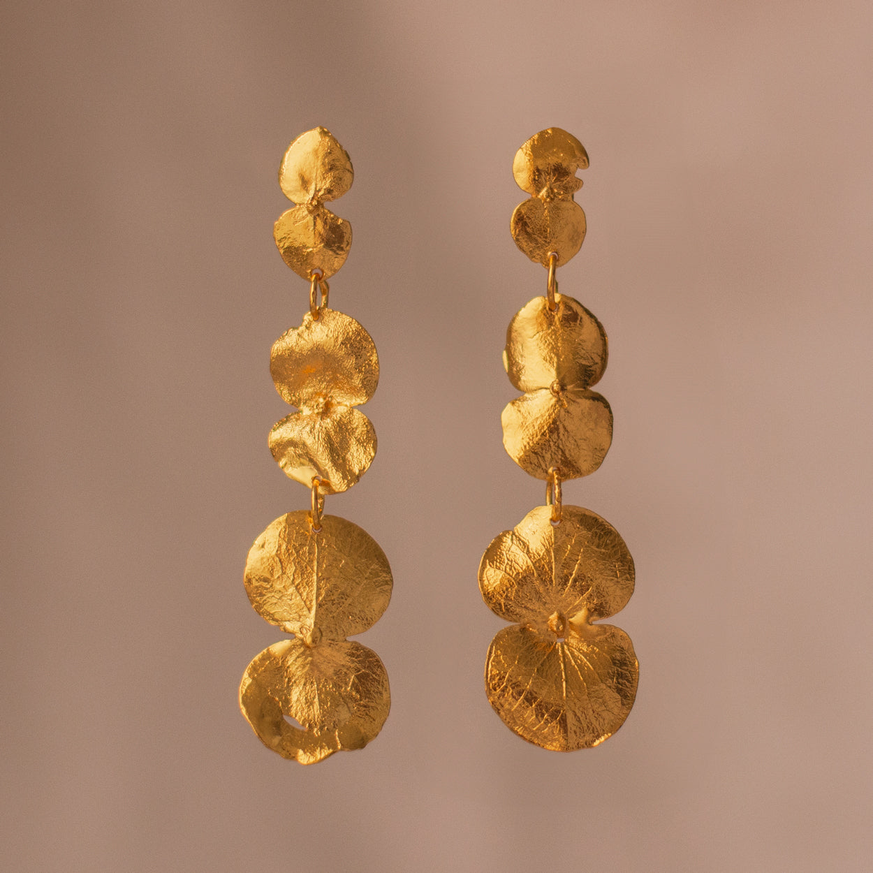 Large Three Eucalyptus Earrings, handcrafted in bronze with 24k gold plating, featuring three delicate eucalyptus leaves for a natural, elegant look