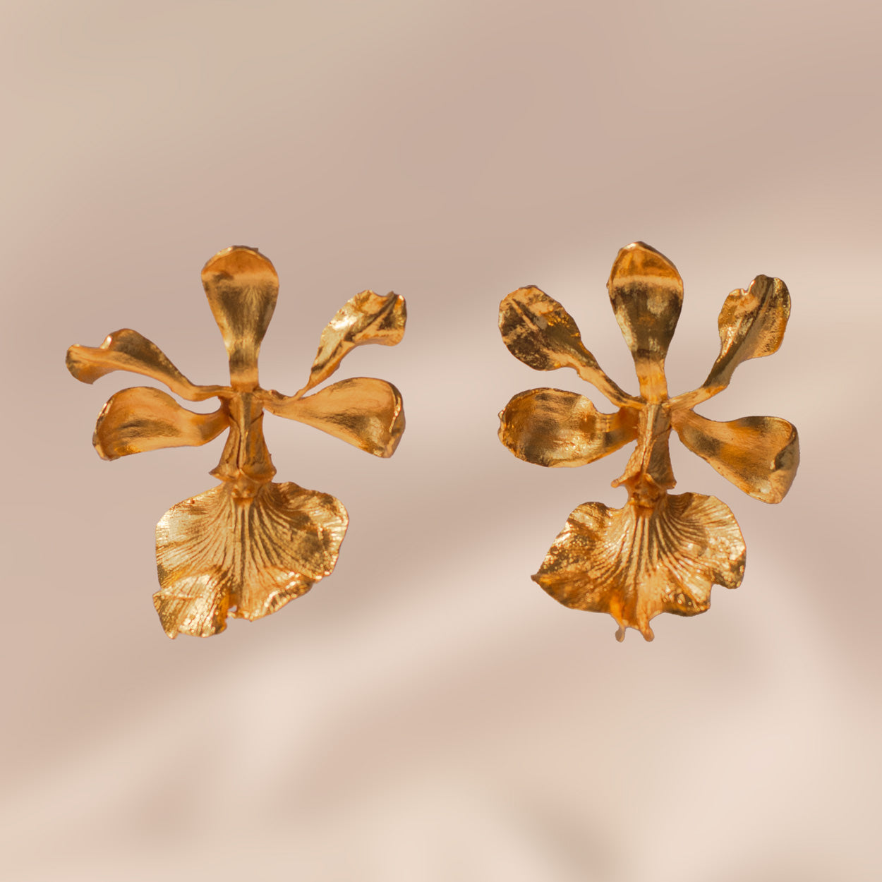 Encyclia Cordigera Orchid Earrings in bronze with 24k gold plating, showcasing the intricate details of the orchid flowers.
