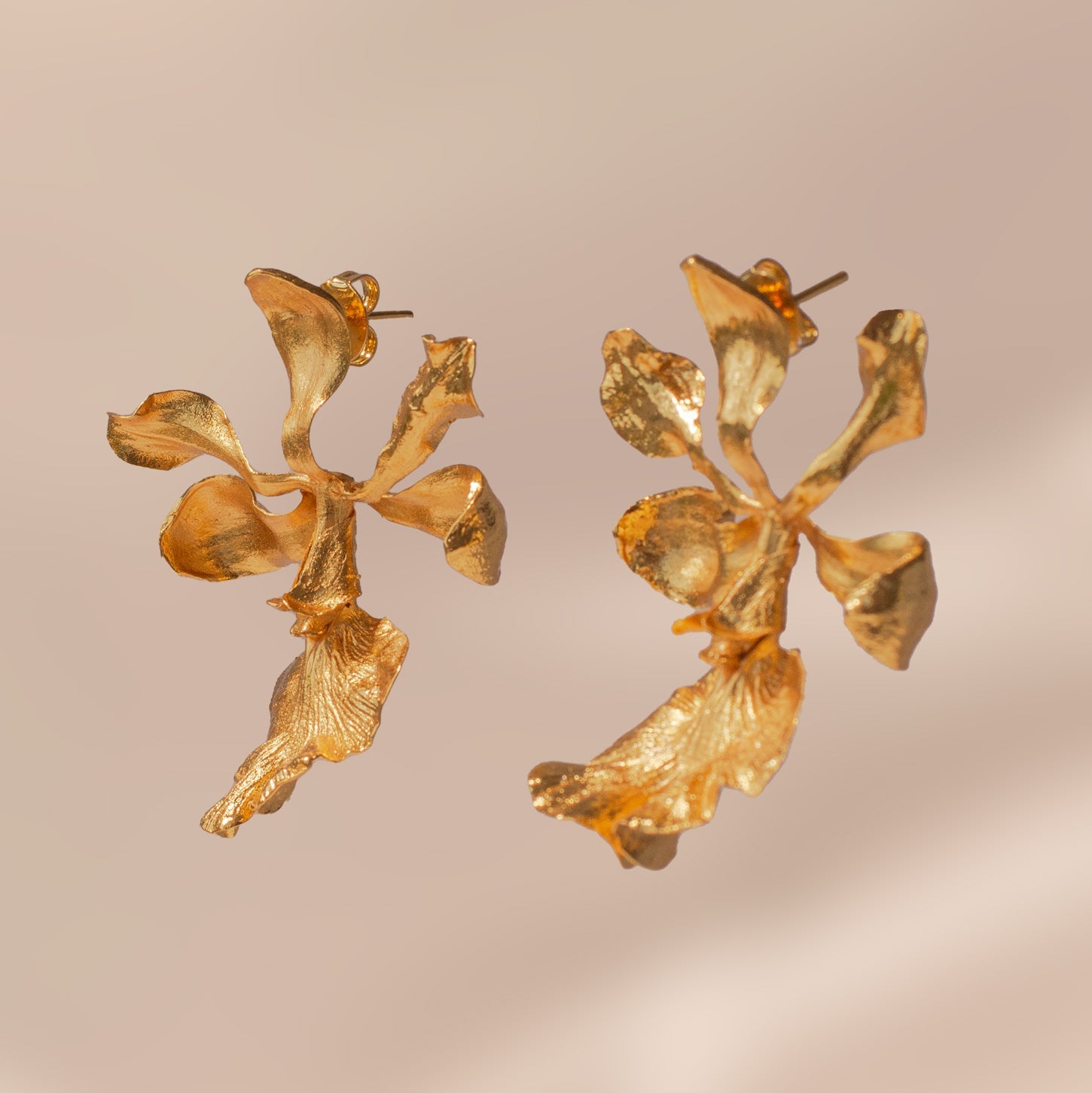 Aretes Orquídea Encyclia Cordigera en bronce bañado en oro de 24k, destacando la belleza y rareza de las flores exóticas naturales