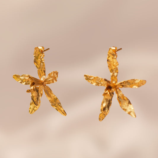 Orchid Oncidium Maculatum Stud Earrings crafted in bronze with 24k gold plating, capturing exotic floral beauty