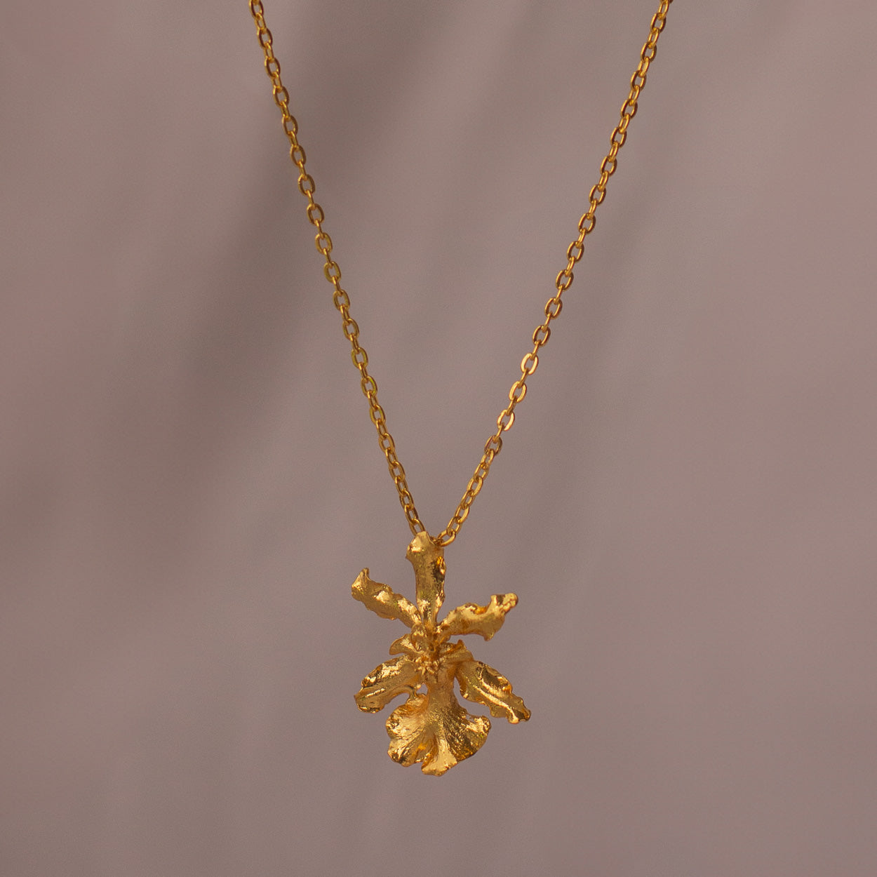 Oncidium Sharry Baby Orchid Necklace with 24k gold plating, featuring a preserved orchid flower