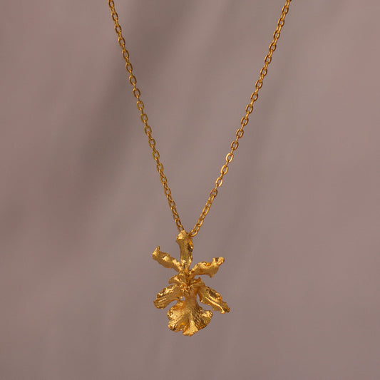 Oncidium Sharry Baby Orchid Necklace with 24k gold plating, featuring a preserved orchid flower