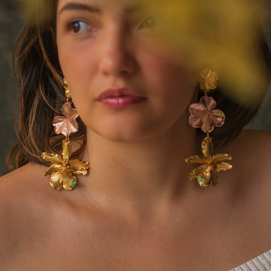 Close-up of Odontoglossum Orchid Ivy Leaf Emerald Earrings, showcasing the detailed design of orchids and ivy leaves with 24k gold and rose gold plating