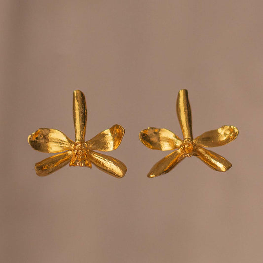 Orchid P Crassilabia Earrings crafted with organic casting in bronze and 24k gold plating, showcasing exotic floral design