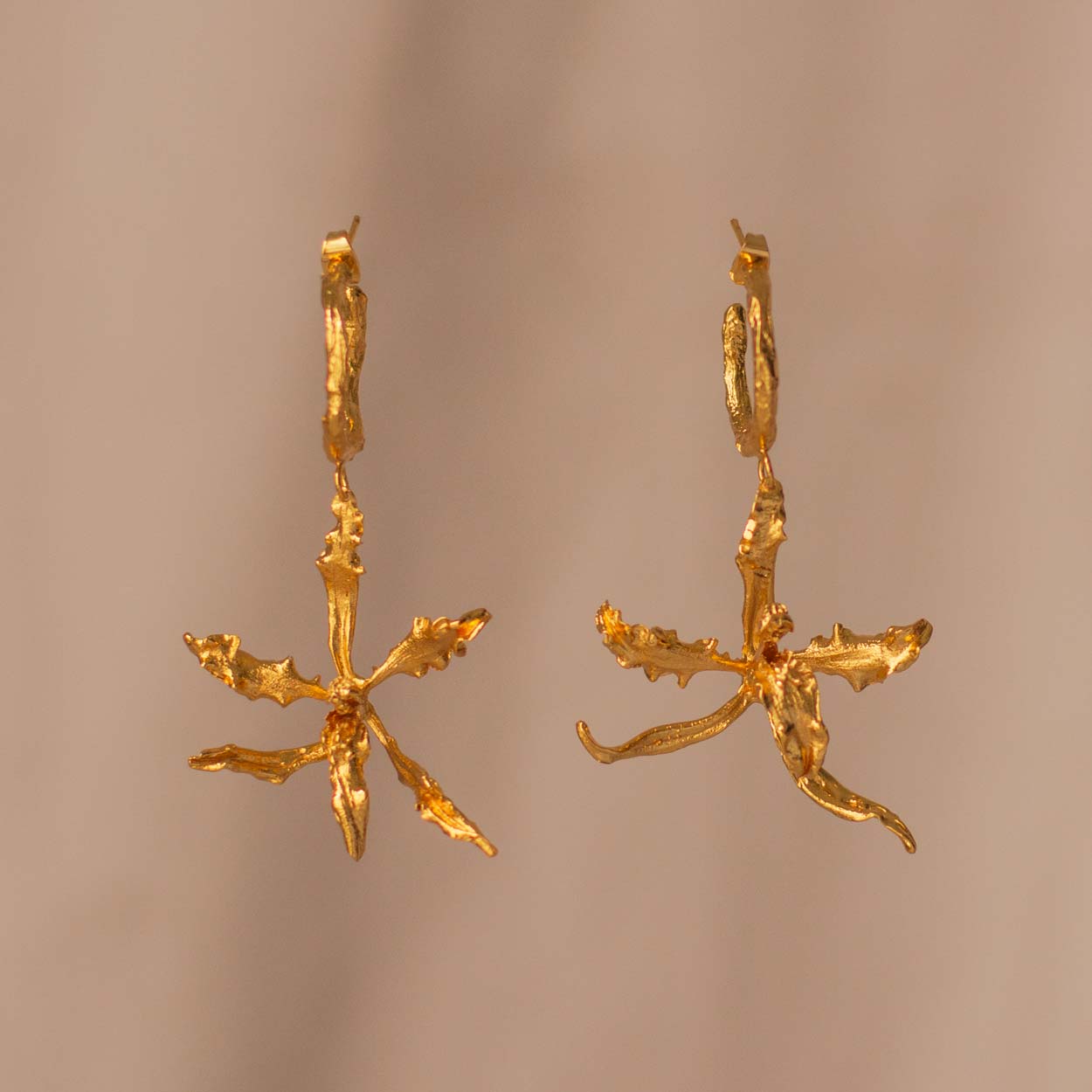 Cyrtochilum Revolutum Orchid Hoop Earrings, handcrafted and gold-plated, capturing the natural beauty of Andean orchids