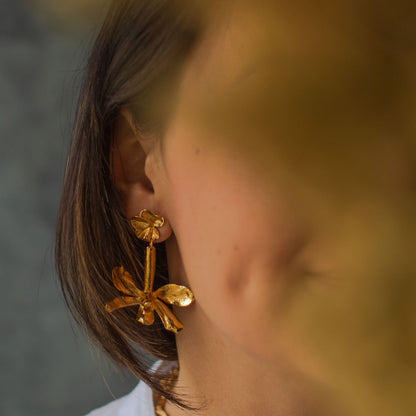 Handcrafted P Crassilabia Orchid Ivy Leaf Earrings featuring organic elements preserved in bronze and plated with 24k gold