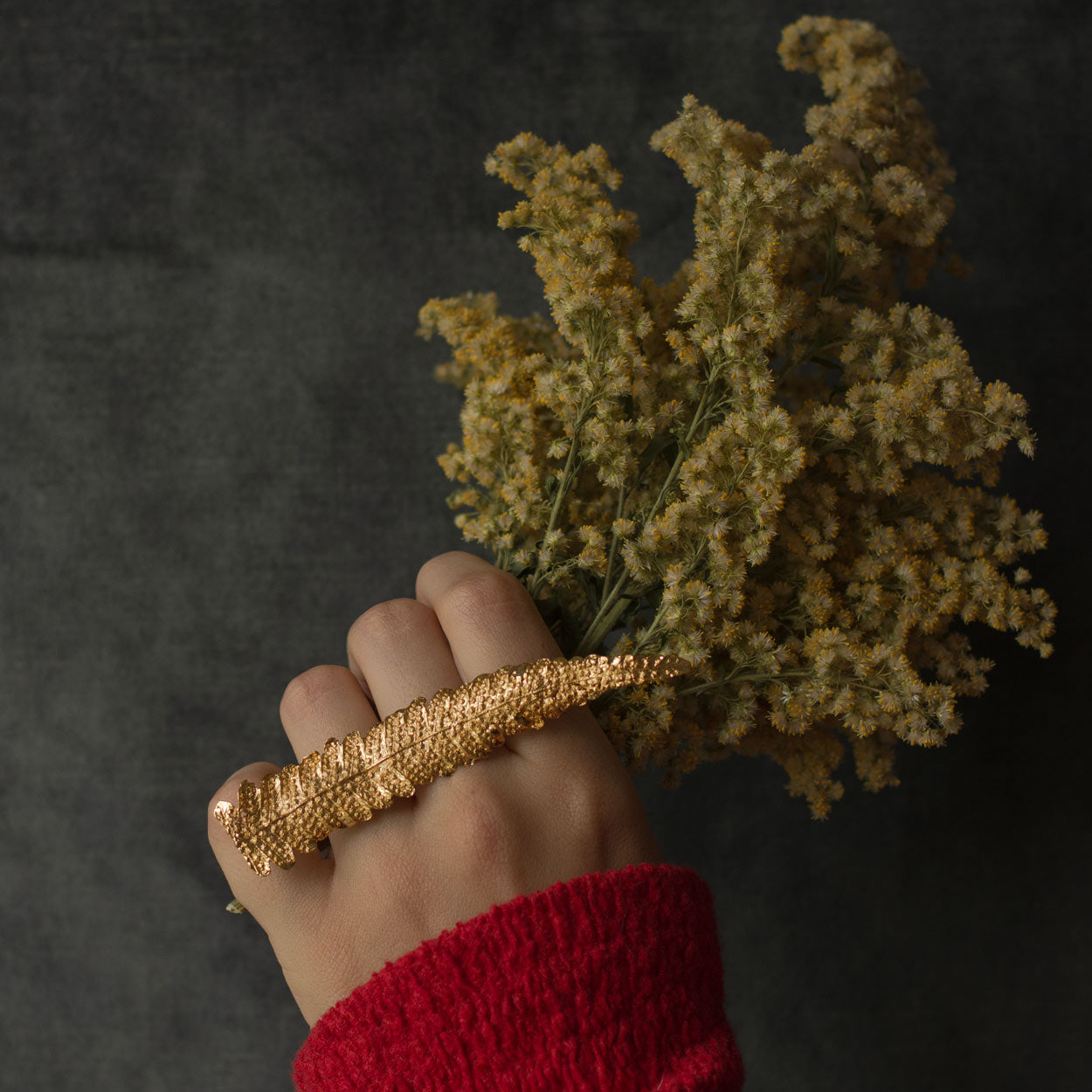 Unique Large Fern Leaf Ring with organic casting technique, featuring a luxurious 24k gold finish