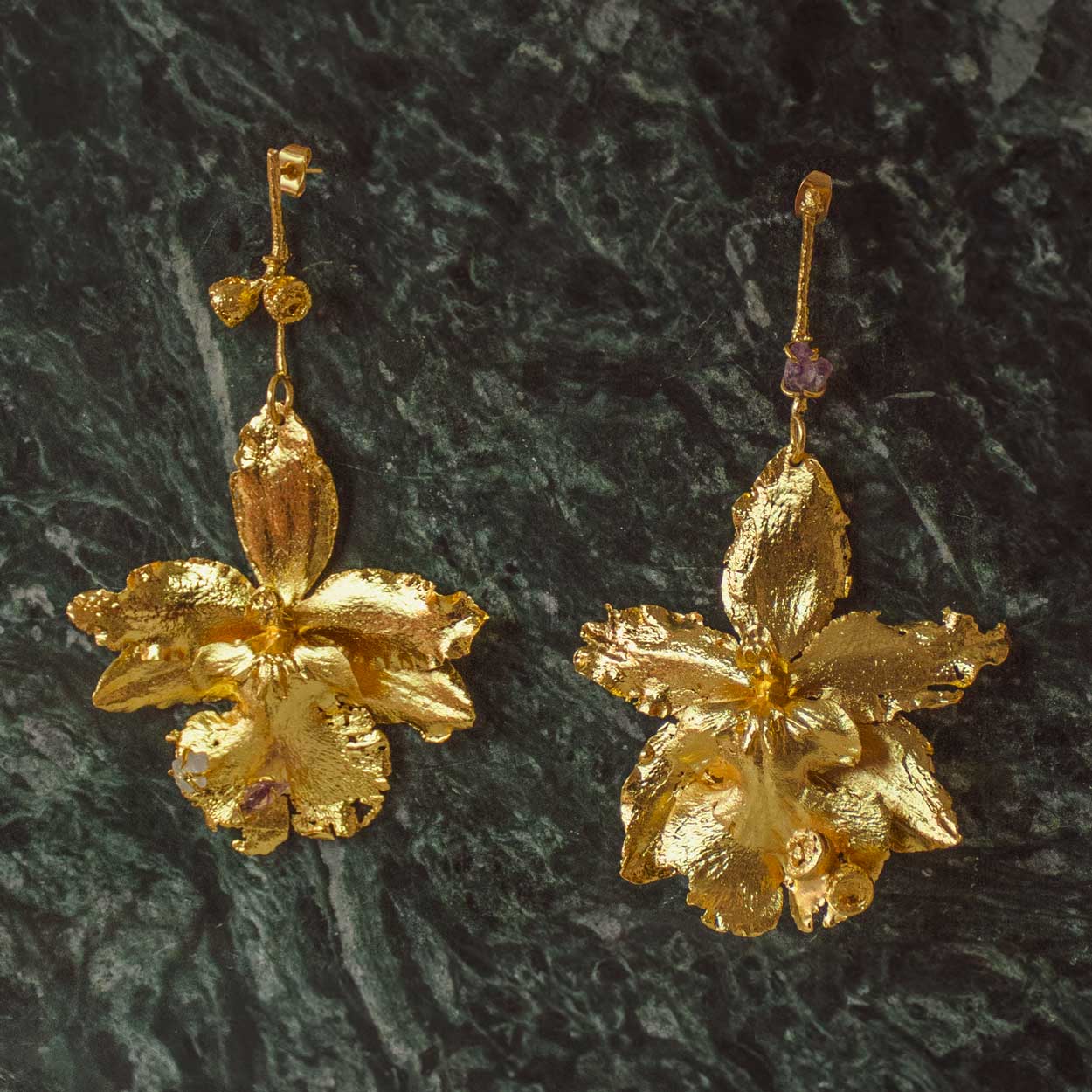 Odontoglossum Orchid Earrings with Quartz Branch in 24k Gold Plating, symbolizing balance, love, and healing
