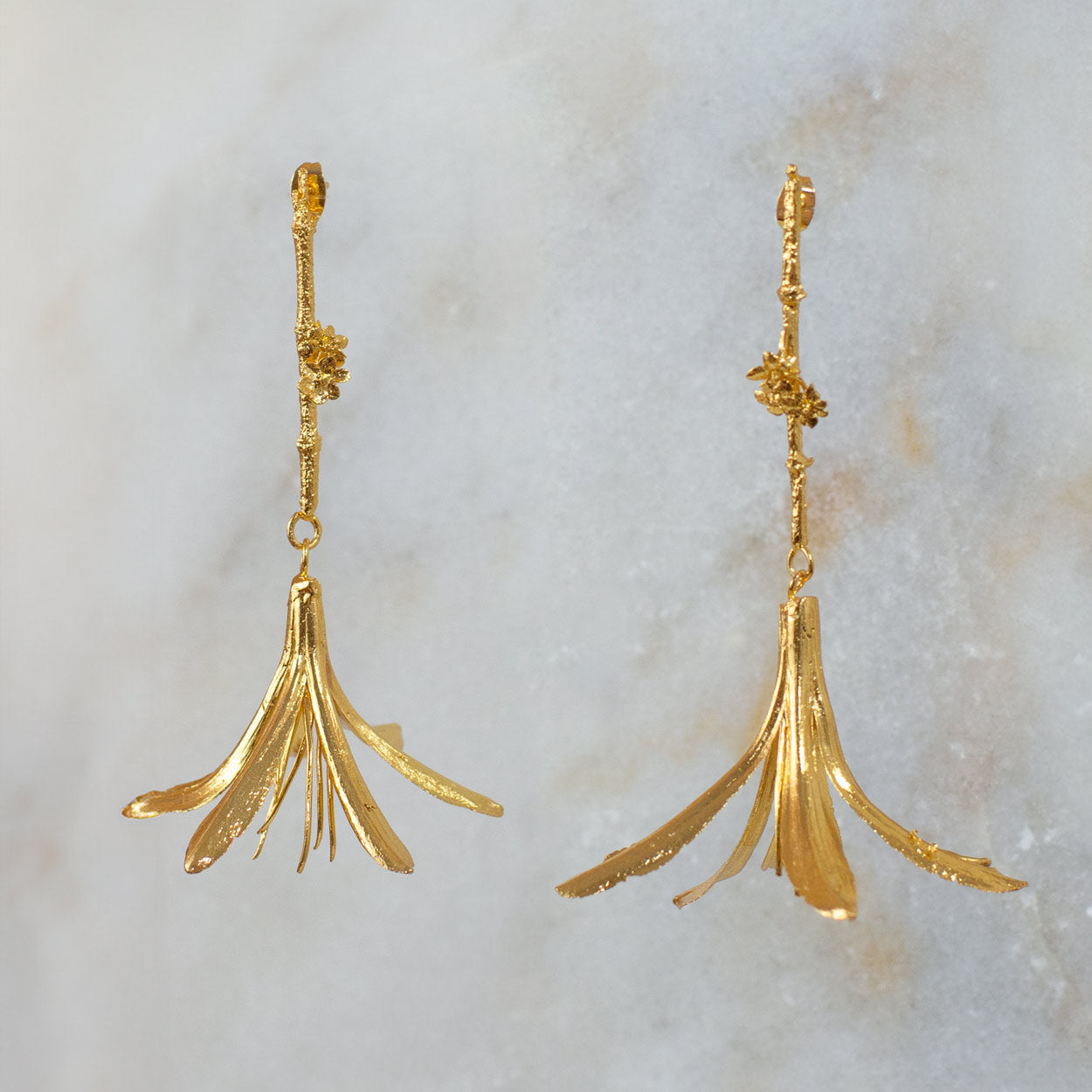 Exquisite Agapanthus Lily & Elderflower Sprig Earrings in 24K gold plating, a unique fusion of wild beauty and timeless elegance