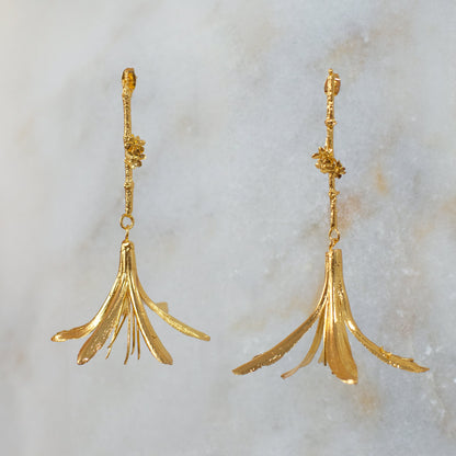 Exquisite Agapanthus Lily & Elderflower Sprig Earrings in 24K gold plating, a unique fusion of wild beauty and timeless elegance