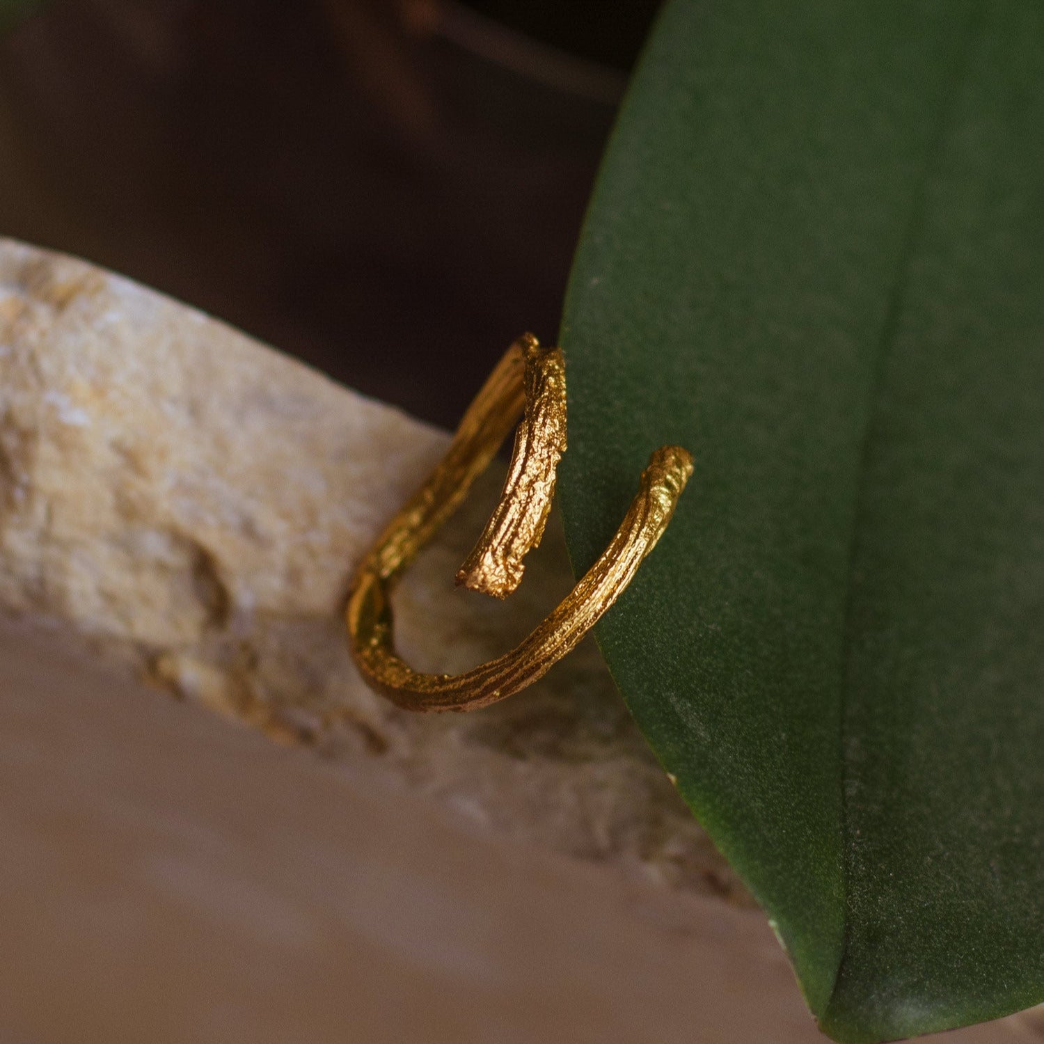 Anillo Ramita en bronce bañado en oro de 24k, destacando la textura y forma única de la ramita natural.