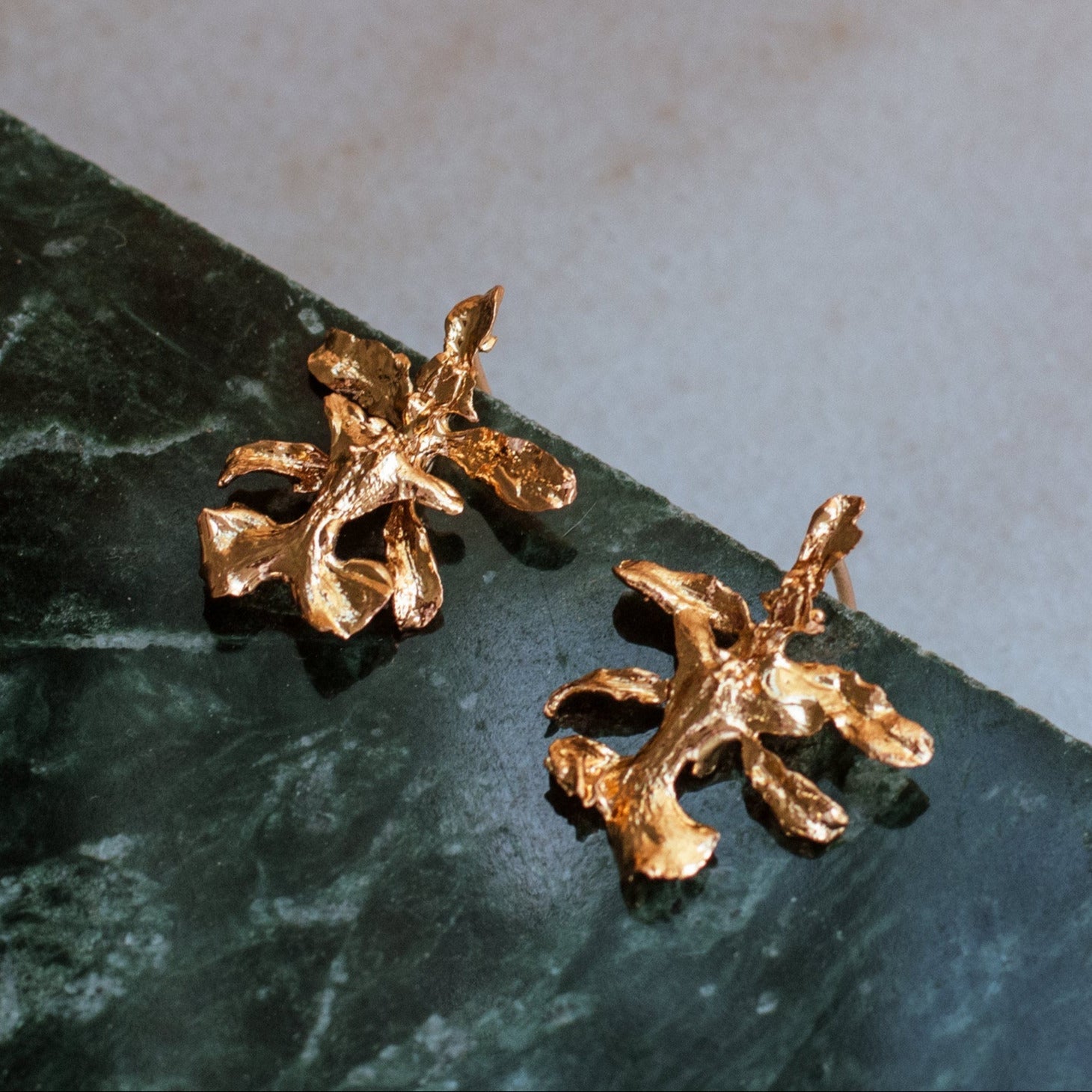 Aretes Topo Orquídea Oncidium en bronce bañado en oro de 24k, mostrando la delicada belleza de la orquídea natural preservada en metal precioso.