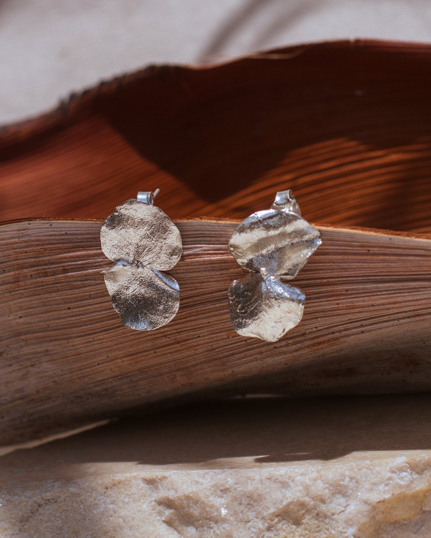 Aretes Topo Eucalipto Plata Ecológica, mostrando la delicada textura y forma de las hojas de eucalipto natural preservadas en metal reciclado