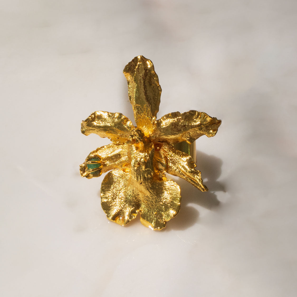 Elegant Emerald Odontoglossum Orchid Ring in 24k Gold Plating, a symbol of inner beauty and feminine strength