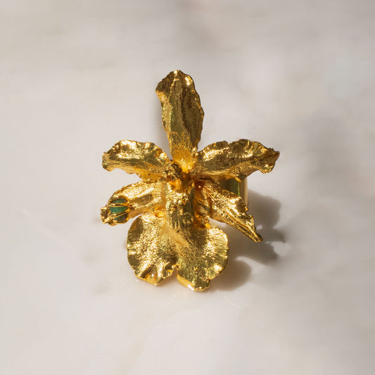 Elegant Emerald Odontoglossum Orchid Ring in 24k Gold Plating, a symbol of inner beauty and feminine strength