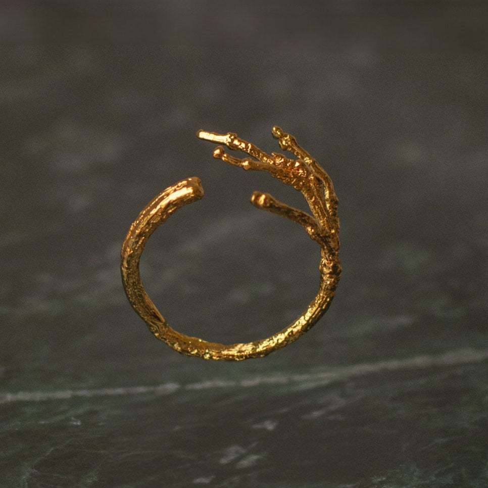 Anillo Ramita Ramificada en bronce bañado en oro de 24k, destacando la belleza única de las ramitas inmortalizadas