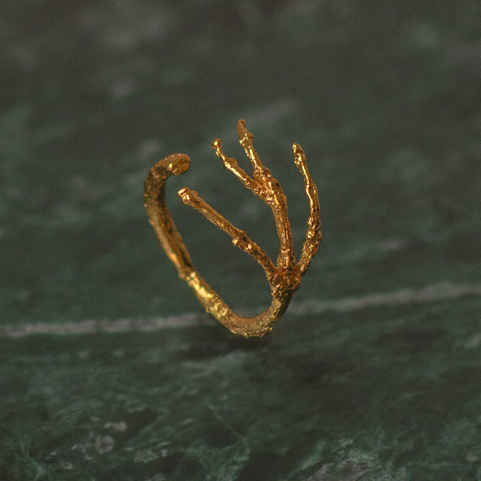 Anillo Ramita Ramificada en bronce bañado en oro de 24k, destacando la belleza única de las ramitas inmortalizadas