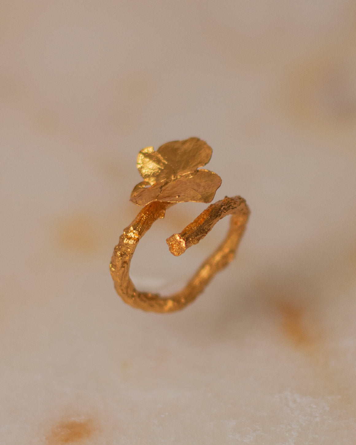 Anillo Hortensia Mini Natural en bronce bañado en oro de 24k, mostrando la exquisita belleza de una flor de hortensia inmortalizada en metal