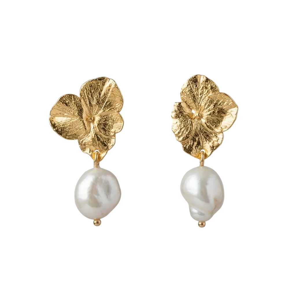 Pendientes de botón de hortensia real inmortalizada en oro 24k con perla cultivada de agua dulce, joyería botánica artesanal colombiana