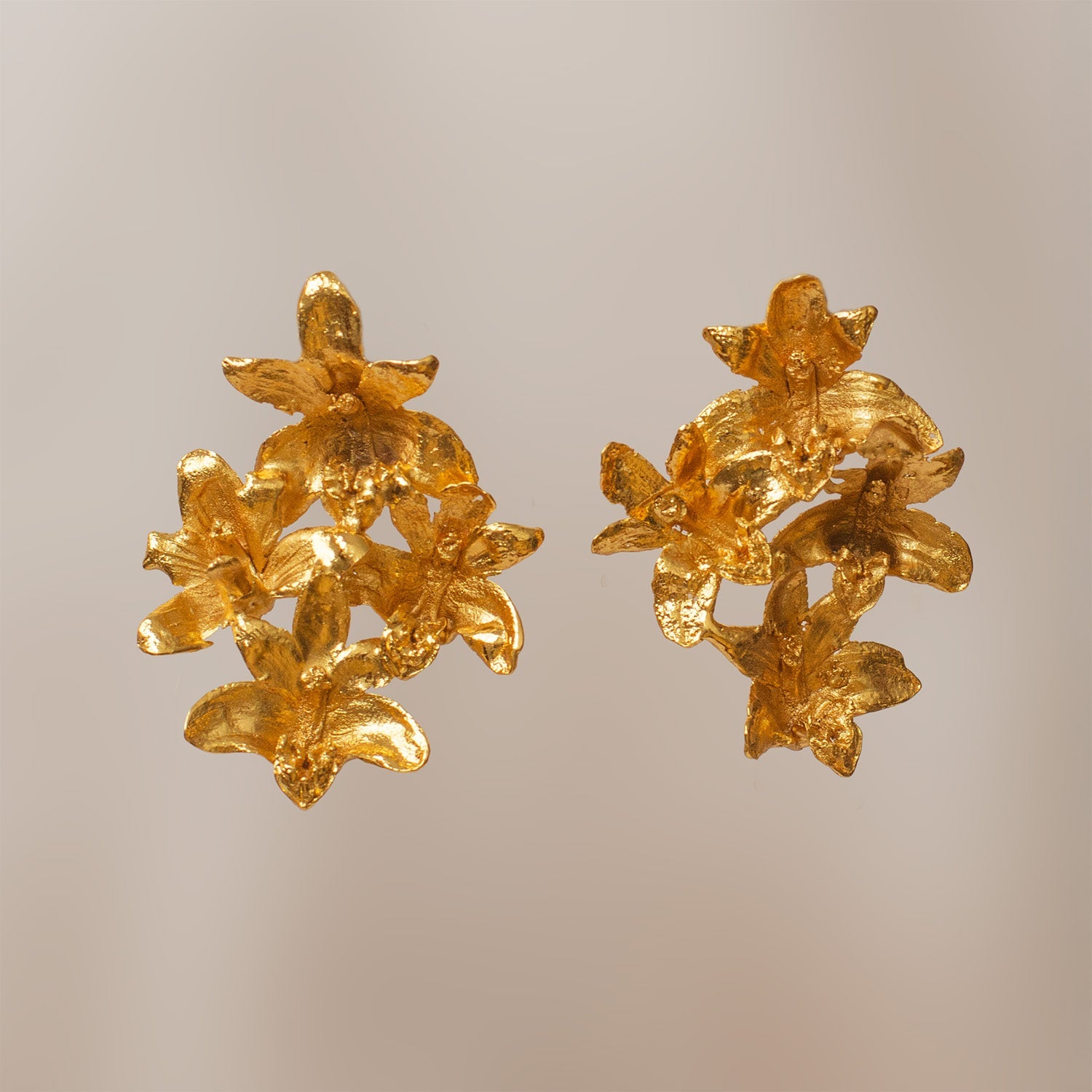 aretes de ramillete de orquídeas Maxilaria reales inmortalizadas en bronce con baño de oro, joyería de autor con textura orgánica
