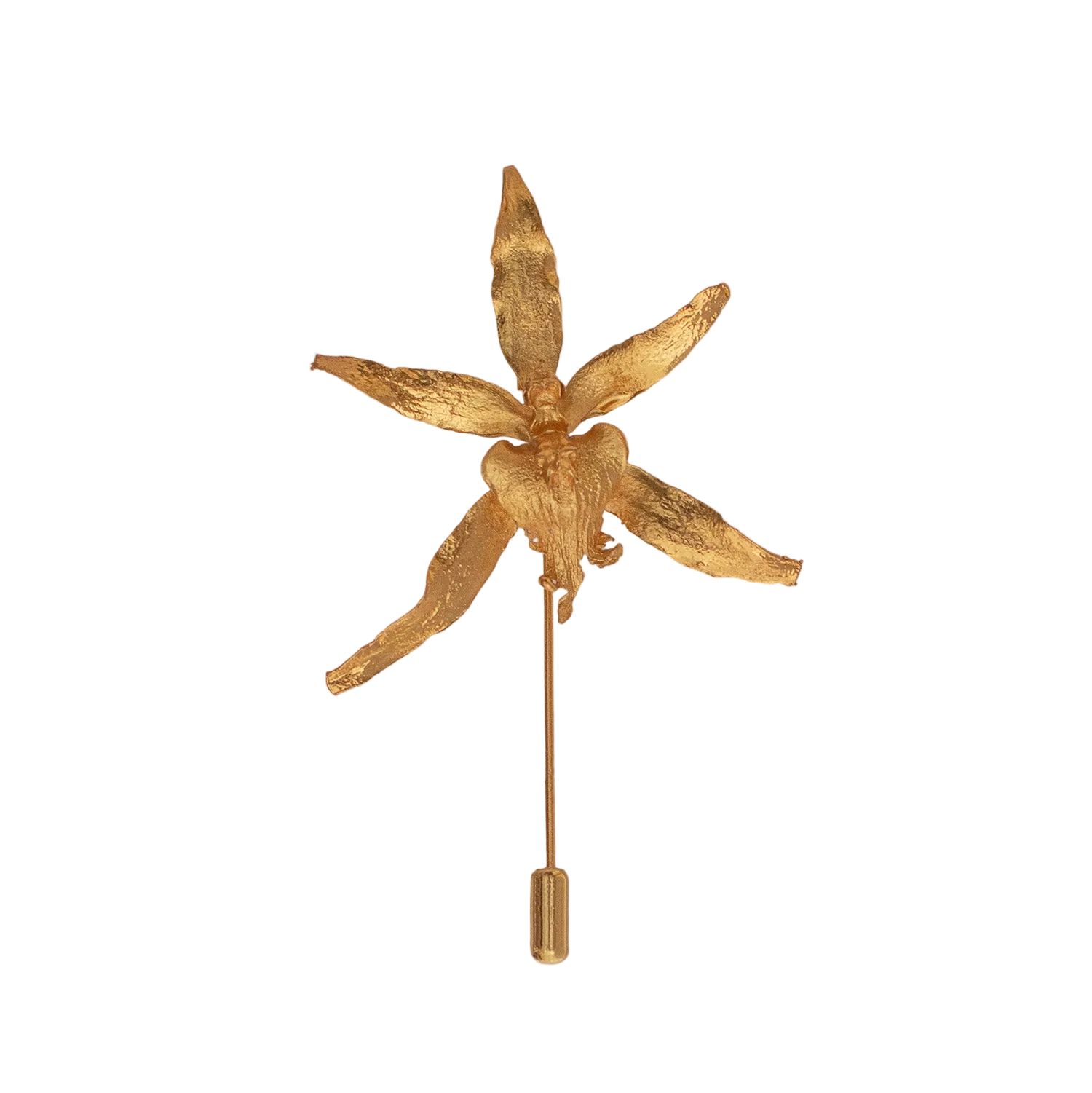 Prendedor de orquídea real metalizada en bronce con baño de oro, joyería artesanal colombiana de diseño botánico.
