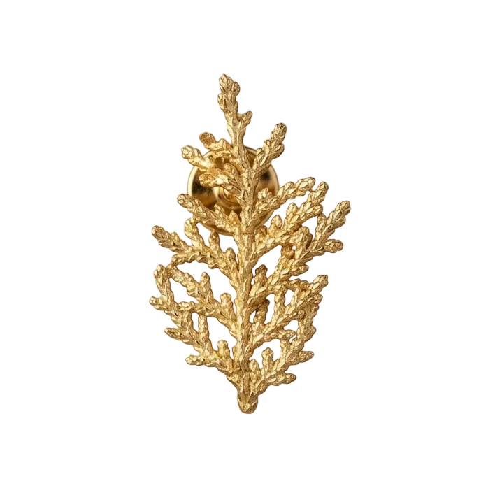 Pin de hoja de pino real inmortalizada en bronce con baño en oro 24k sobre fondo beige, joyería botánica artesanal colombiana
