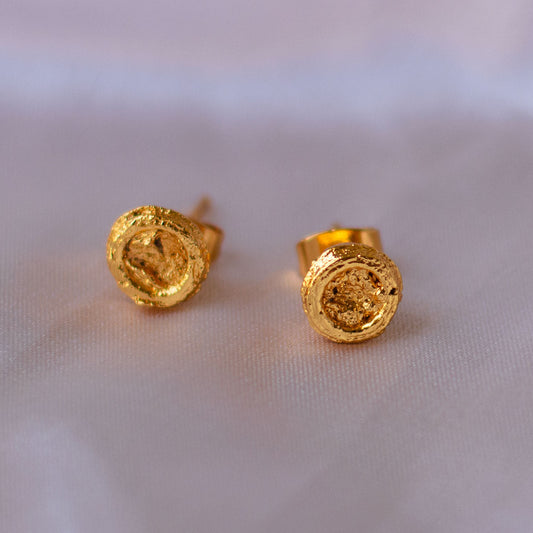 Close-up of Eucalyptus Seed Stud Earrings, showcasing the natural shape and texture of the seeds with a luxurious 24k gold plating