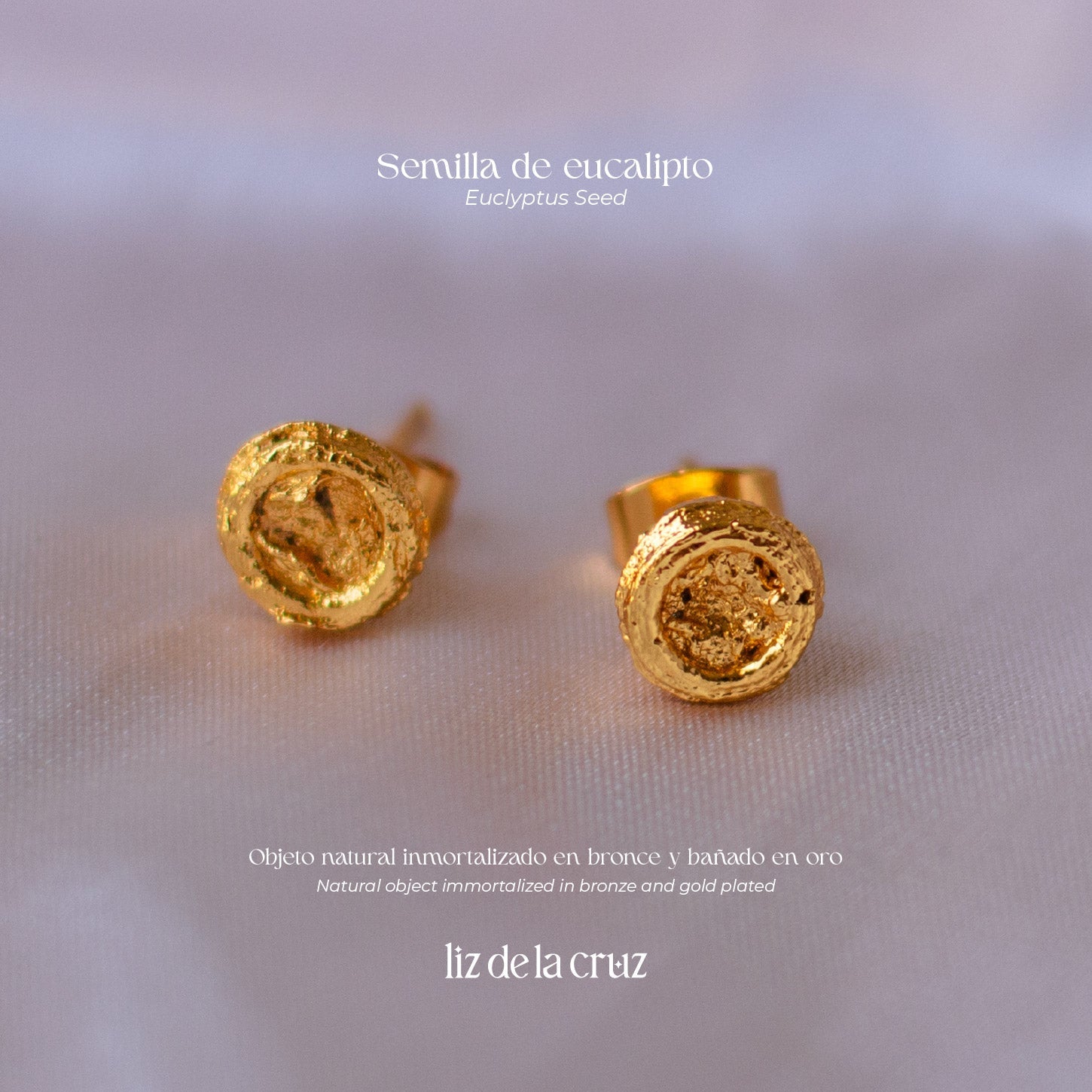 Close-up of Eucalyptus Seed Stud Earrings, showcasing the natural shape and texture of the seeds with a luxurious 24k gold plating