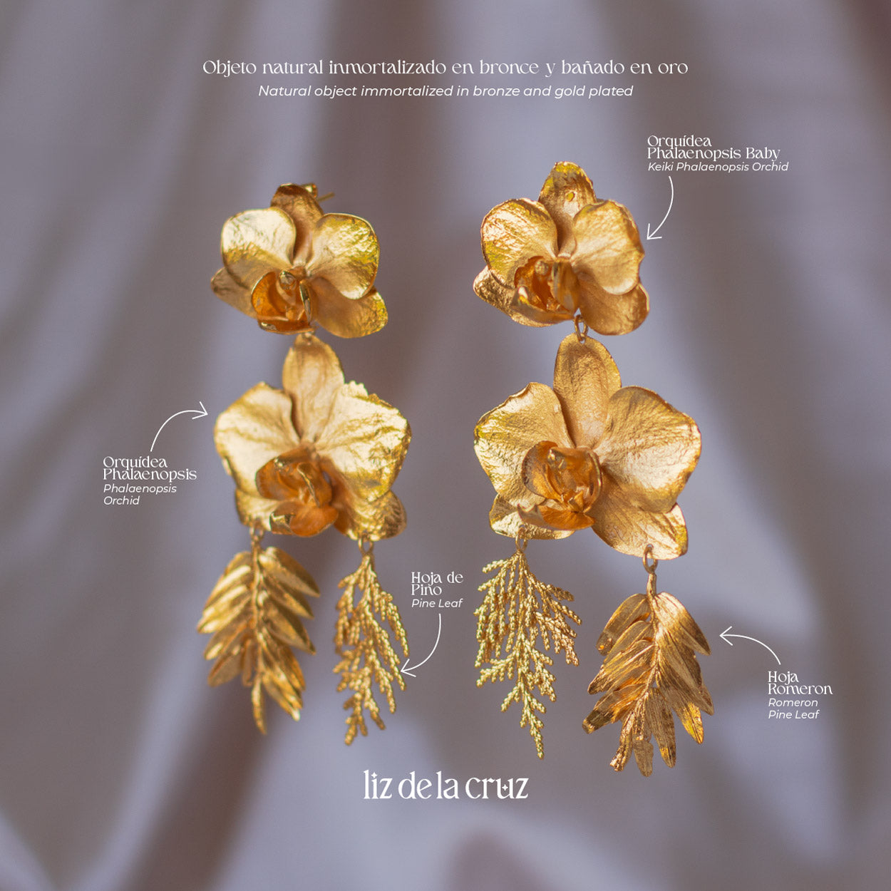 Elegant Phalaenopsis Orchids and Leaves Earrings in 24K gold, embodying botanical elegance and a profound connection to the earth