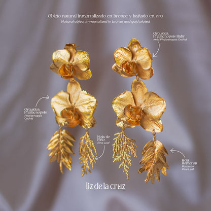 Elegant Phalaenopsis Orchids and Leaves Earrings in 24K gold, embodying botanical elegance and a profound connection to the earth