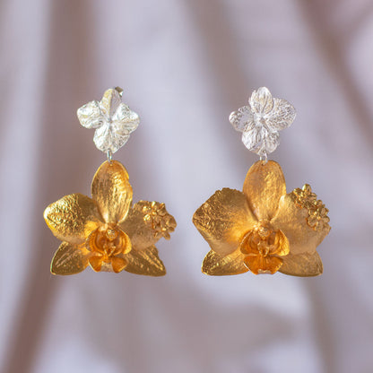 Elegant Phalaenopsis Orchid Hydrangea Earrings displayed on a jewelry stand, highlighting the unique combination of materials and sustainable craftsmanship