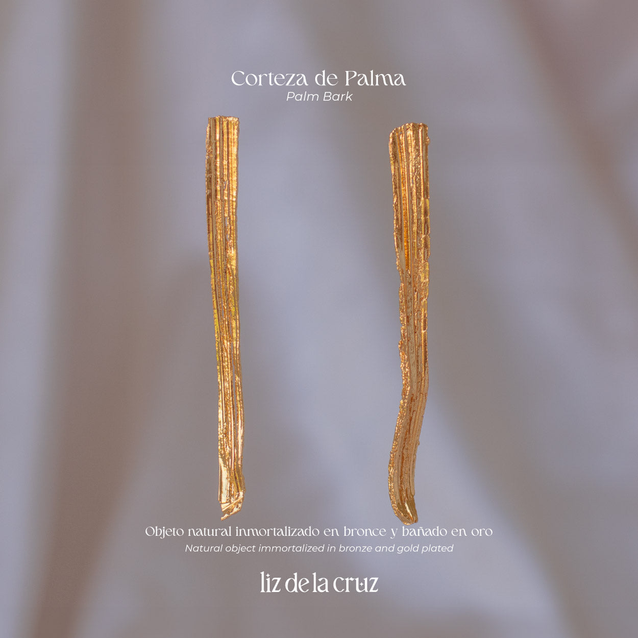 Unique Large Palm Bark Earrings with organic casting, featuring a luxurious 24k gold-plated finish