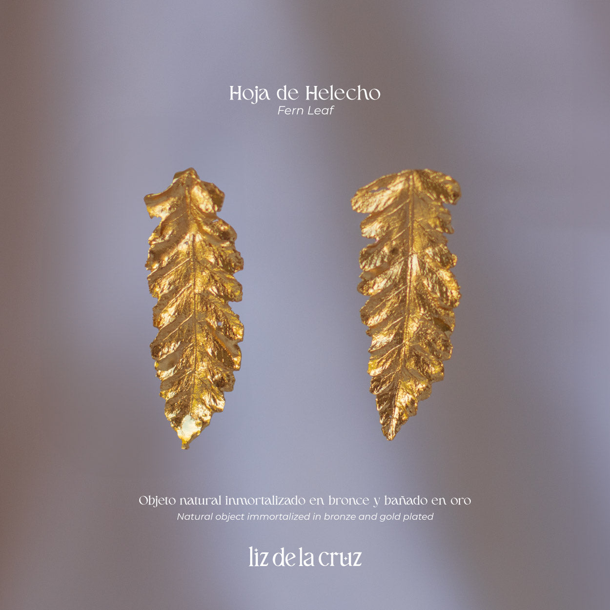 Nature-inspired cinnamon fern stud earrings with 24k gold plating, showcasing unique natural design.
