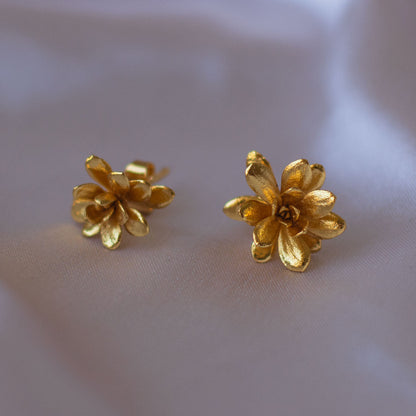 Jade Succulent Flower Stud Earrings, handcrafted in bronze with 24k gold plating, featuring natural jade succulent flower designs for a sophisticated, nature-inspired look